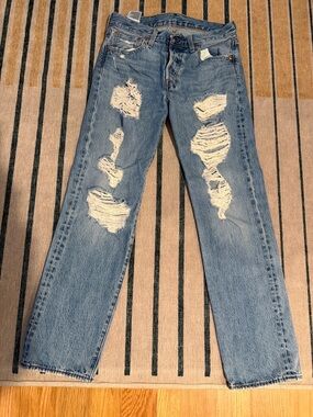 Straight Leg Distressed Women's Jeans - Light Blue